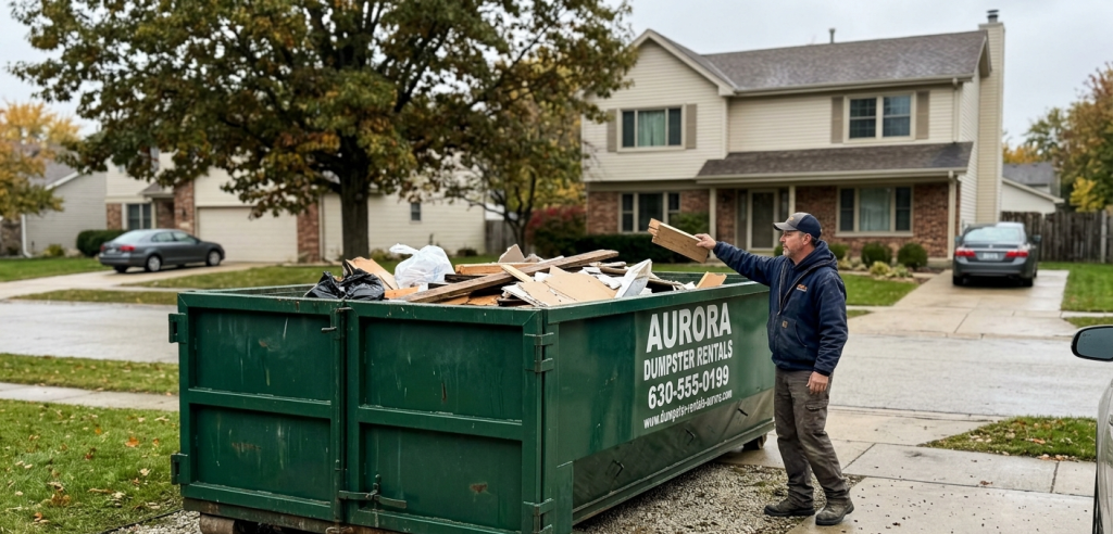 Homeowner loading renovation debris into a residential dumpster rental in Aurora, IL during a neighborhood cleanup project